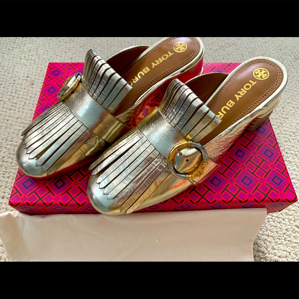Tory Burch Metallic Gold Fringe Leather Mules